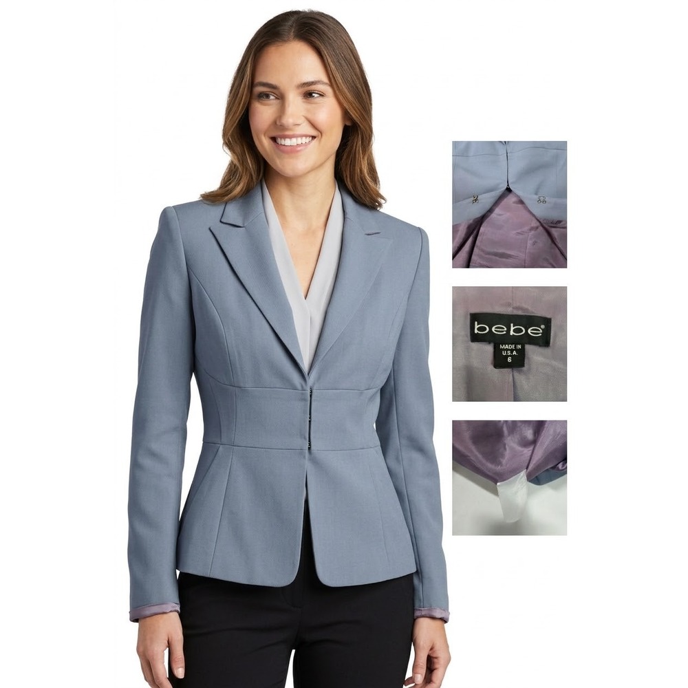 Vintage Bebe Blazer Jacket Womens 6 Blue Gray Peplum Hook Eye Made in USA Y2K